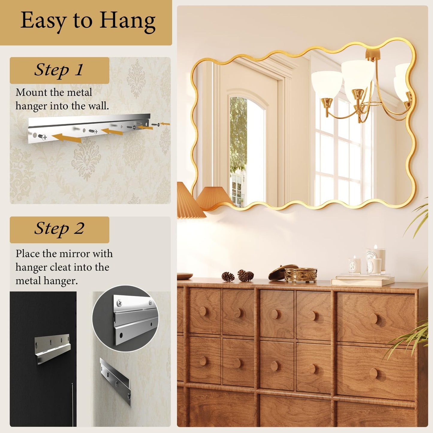 Kelly Miller 32x48 Inch Gold Scalloped Mirror, Large Rectangular Wavy Edge Bathroom Vanity Wall Mirror Decorative for Bedroom Living Room Entryway Fireplace Mantle