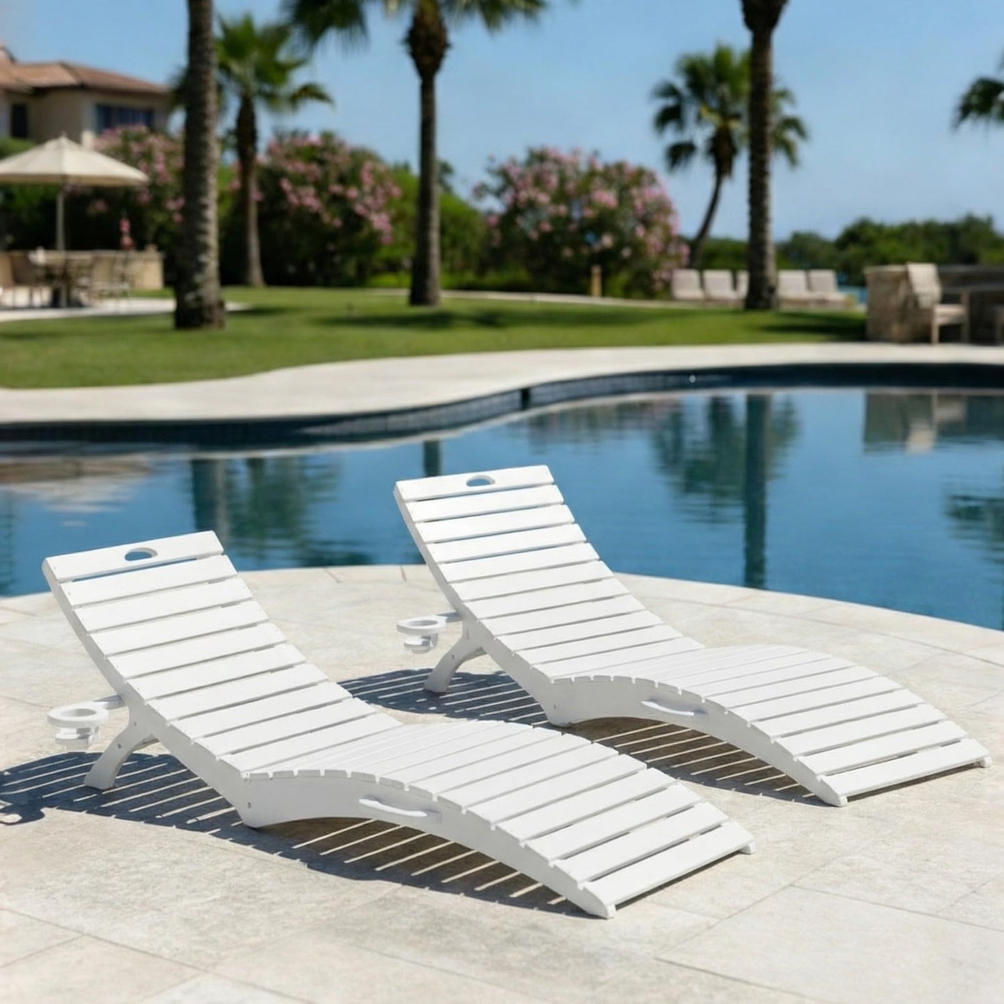 Tobeos Folding HDPE Pool Lounge Chairs Set of 2, Pre-Assembled Outdoor Chaise Lounge with Cup Holder for Poolside, Tanning Ledge, Pool Deck or Beach, Sandbag Not Included (White)