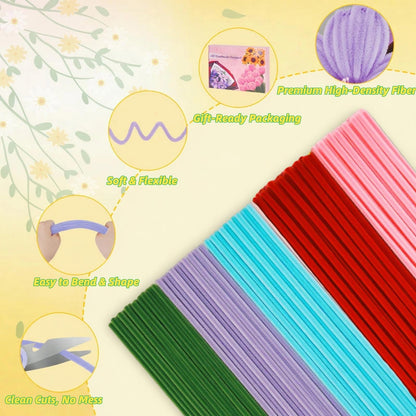 SZXYMUQI 500pcs Pipe Cleaners Craft Kit, 20 Stems DIY Carnation with Wave Gauze & Ribbon - Non Shedding Chenille Stems for Floral Arrangement - Mother's Day Bouquet Crafts for Adult Women