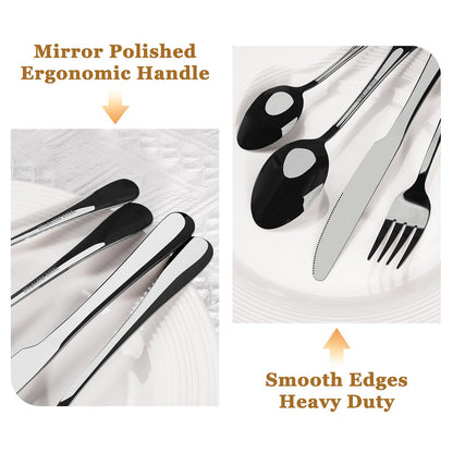 Astercook 24-Piece Black Silverware Set with Steak Knives Flatware Set for 4 Food-Grade Stainless Steel Cutlery Set Mirror Polished Utensils Set Include Spoons and Forks for Home Gifts for Women