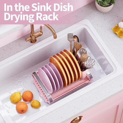 TOOLF Small Dish Drying Rack, Mini Expandable Compact Dish Rack, Slim Extendable Stainless Steel Dish Drainer for Kitchen Plate Storage, Space Saving Dish Strainer in Sink or on Home Countertop, Pink