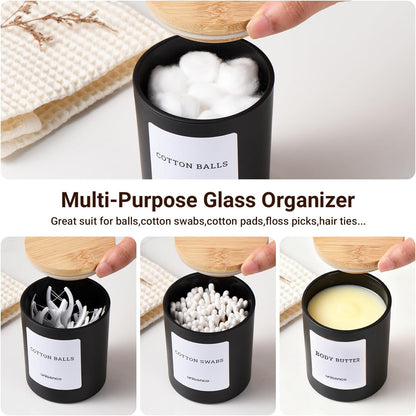Skiennix Glass Qtip Holder Set - 2 Pack Bathroom Organizer with Lid for Cotton Swabs & Makeup | Black