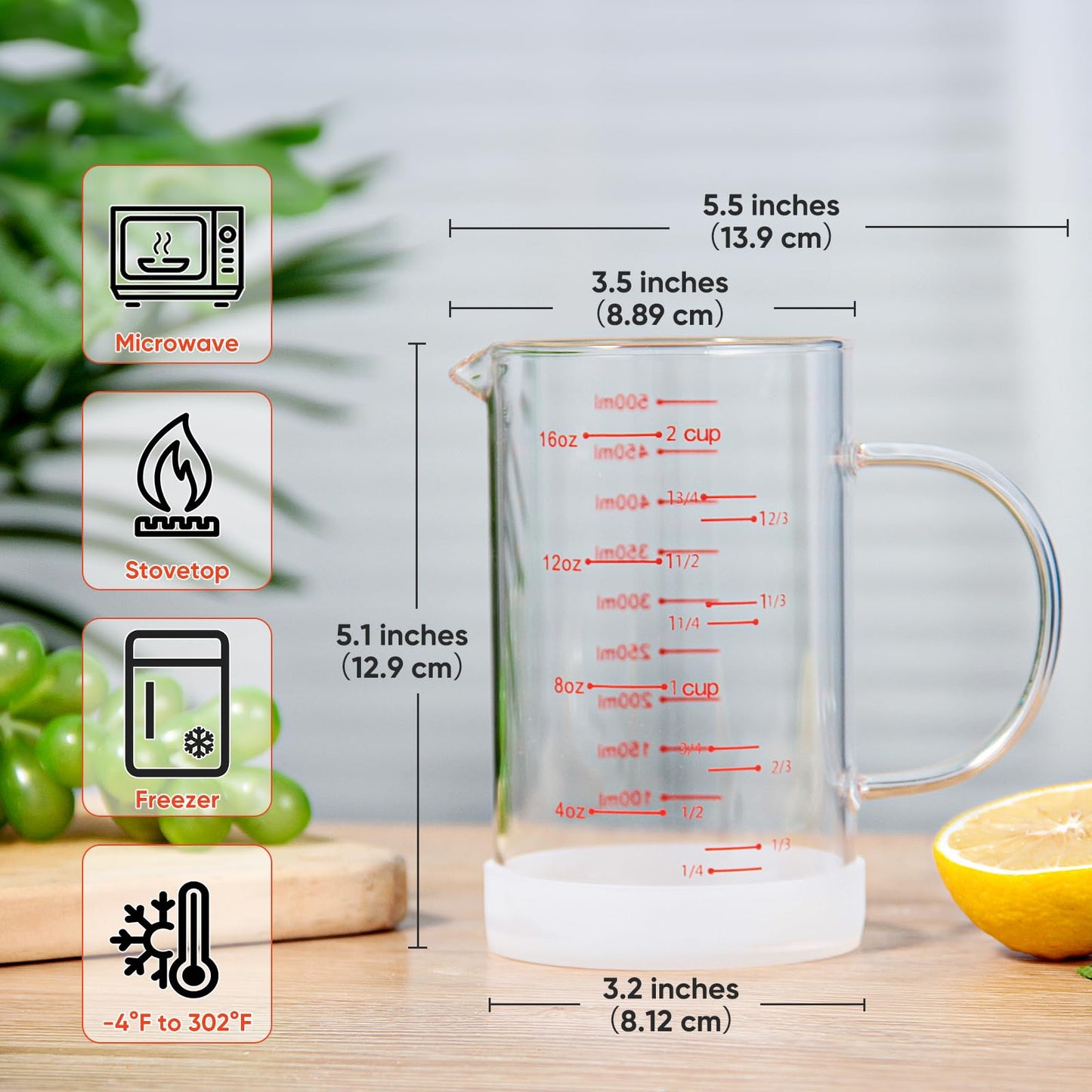 2 Cup Glass Measuring Cup with Handle, 77L High Borosilicate Glass Measuring Cup with V-Shaped and Three Scales (Cup, OZ, ML), Glass Liquid Beaker with Silicone Base, Double-Sided Measure Scales