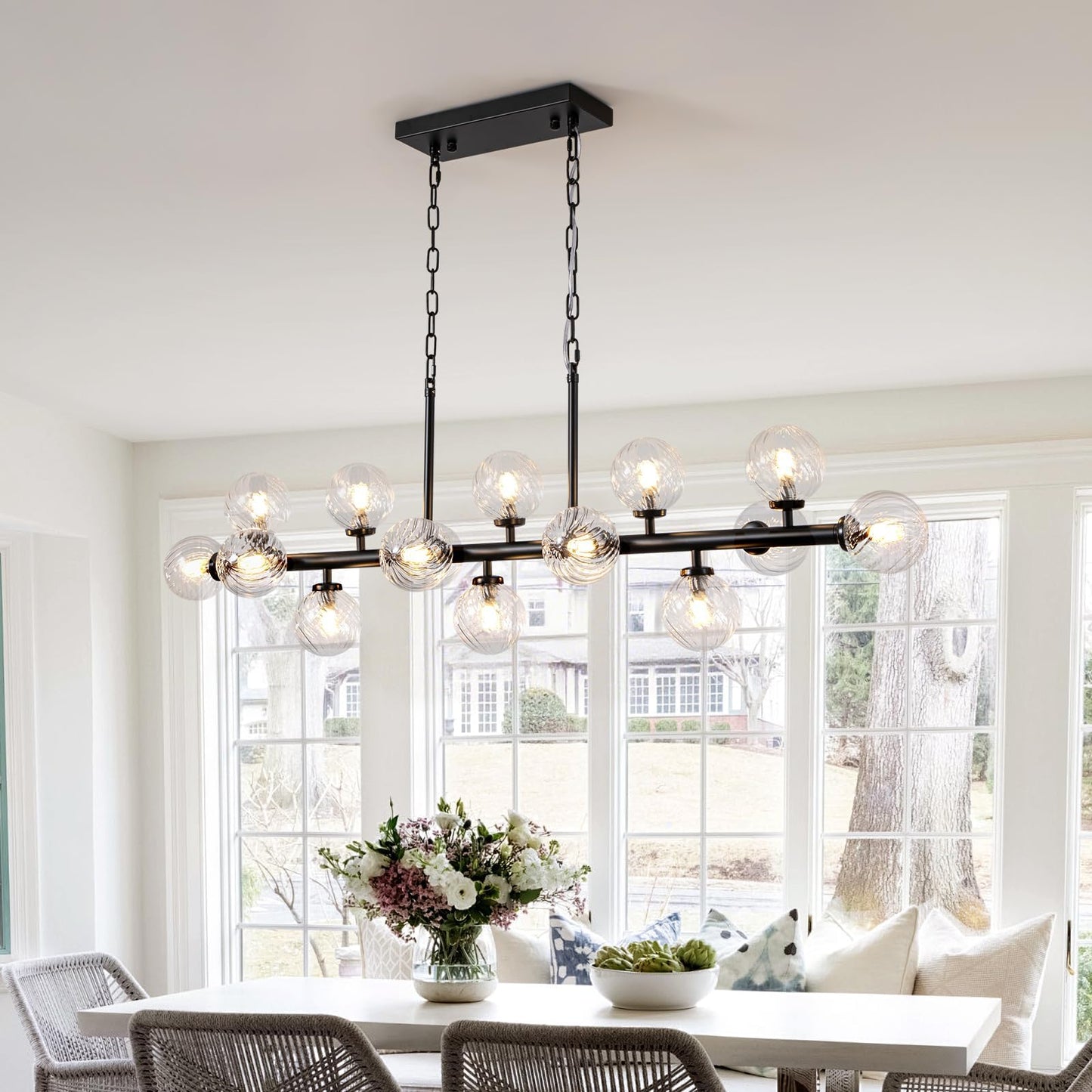 DFJL 50" Modern Linear Chandelier,Mid Century Black Finish and Transparent Pleats Glass Bubble Sputnik Pendant Light Fixtures, for Dining Room Kitchen Island Rectangle Over Table 16-Lights