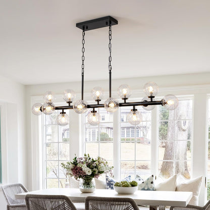 DFJL 50" Modern Linear Chandelier,Mid Century Black Finish and Transparent Pleats Glass Bubble Sputnik Pendant Light Fixtures, for Dining Room Kitchen Island Rectangle Over Table 16-Lights