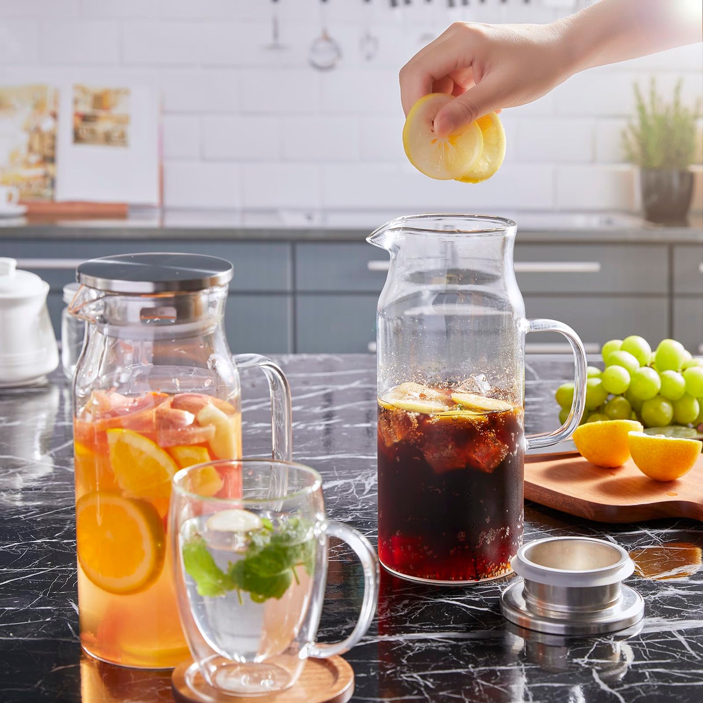 Bivvclaz 1.2 Liter 40 oz Small Glass Pitcher with Lid and Handle, Glass Carafe for Hot/Cold Water, Iced Tea Jug for Coffee, Juice and Homemade Beverage