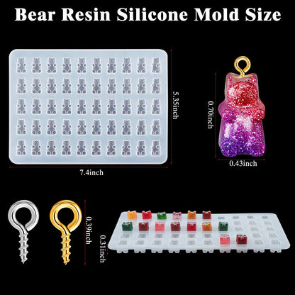 Patelai 2 Pcs 3D Bear Resin Silicone Molds Gummy Small Bear Epoxy Shape Casting Mold Jewelry Making Keychain Mold and 200 Pcs Silver Gold Screw Eye Pin for DIY Pendant Craft Making Supplies