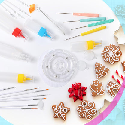 Acellegic 26 Pcs Cookie Decorating Tools Kit Supplies, Including 10 Icing Squeeze Bottles 2 Turntables 4 Needle Scriber 5 Silicone Mats 2 Funnel 2 Cleanning Brushes 1 Paint Brush Set Christmas Craft
