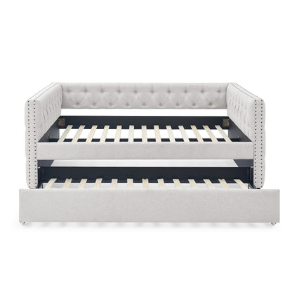 Acosure Upholstered Full Size Daybed with Trundle Twin,Solid Wooden Sofa Bed Frame W/Button Tufted & Copper Nail on Square Arms,No Spring Box Need,Bedframe for Living Room Bedroom Dorm,Beige Linen