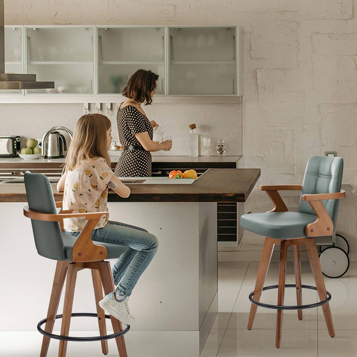 MEKLIBA 30” Bar Height Bar Stools,Leather Upholstered Bar Chair, Swivel Bar Stools with Back and Arms，Modern Barstool Set of 2 for Kitchen Island (Green)