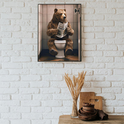 Bear Sitting on Toilet Diamond Drawing Art Kit for Adults Minimalist Funny Bathroom Toilet Art DIY Diamond Art Painting for Beginners Full Drill Round Gem Art Painting for Home Wall Decor 12x16 inch