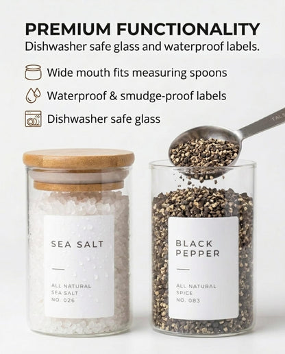 Bloomondo Empty Spice Jars with Label Pack (12x Bamboo Lid Glass Jar). Small 6oz Spice Storage Bottles with 112 Printed Stickers and 48 Writable Pantry Labels for Seasoning Containers