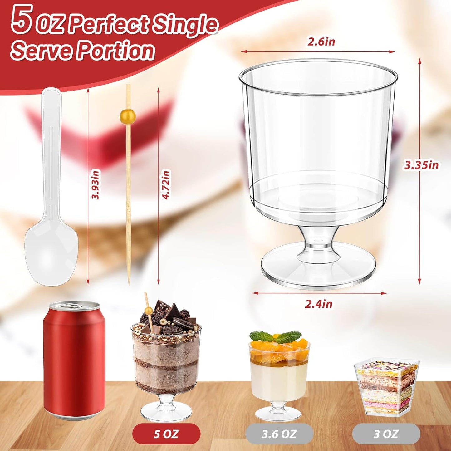 190 5 OZ Set Pcs Dessert Cups with Spoons Cocktail Picks, Clear Mini Dessert Shooter Cups, Plastic Parfait Cup