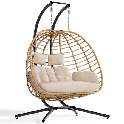 SWITTE Double Hanging Egg Chair with Stand, Outdoor Patio 2 Person Wicker Hammock Swing Chairs with Cushion Loveseat for Indoor Bedroom, Lawn, Garden-Beige