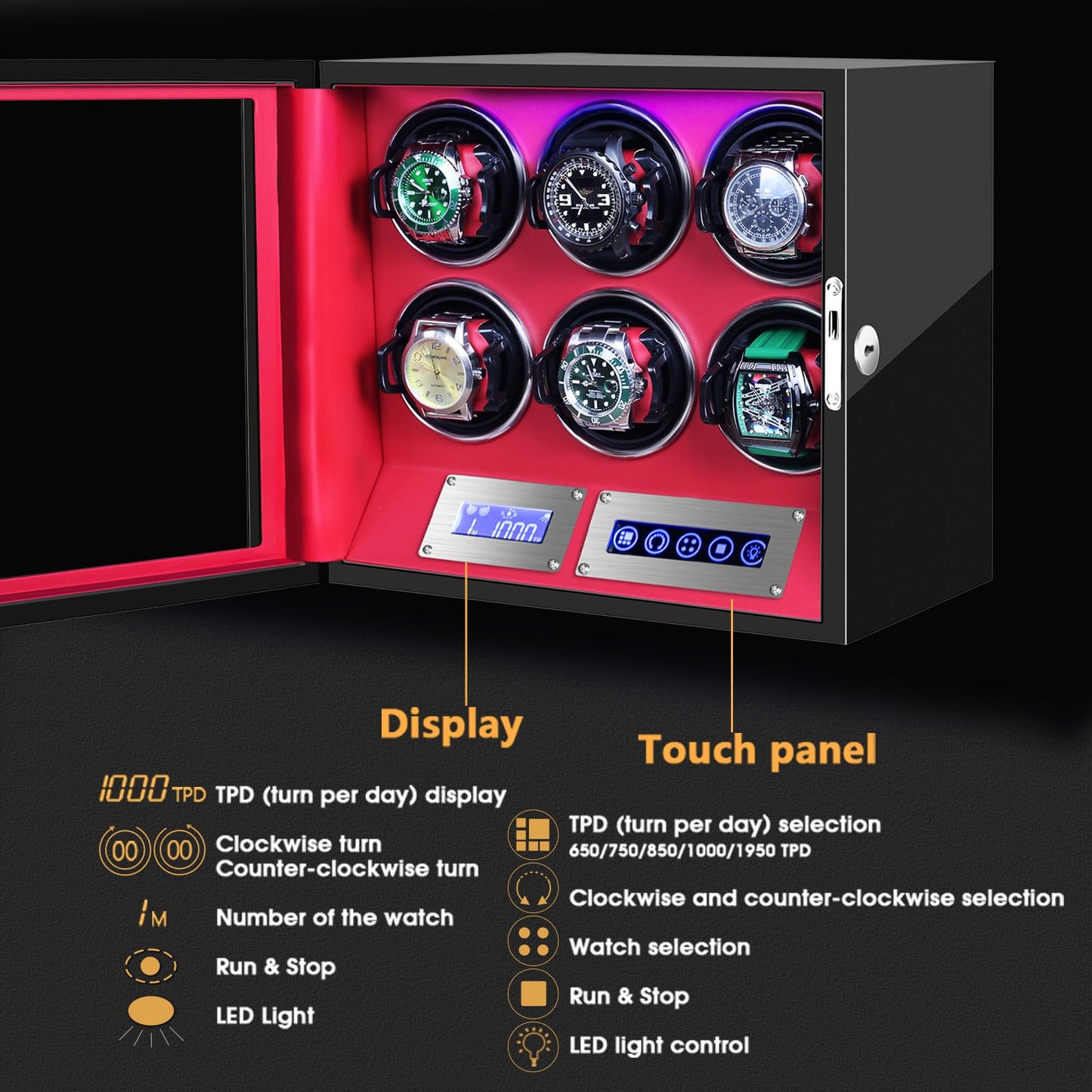SNEOLTJN Watch Winder for 6 Slots Automatic Watches, Ultra-Quiet Japanese Motors, Built-in LED Illumination and LCD Touchscreen Control