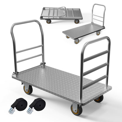 Platform Truck Cart with Detachable Baffle Guardrail,Heavy Duty 48x24 Inch Flatbed Cart with 2000 LBS Weight Capacity and 6In Swivel Caster Transporting Heavy Loads and Barrel with Ease & Efficiency