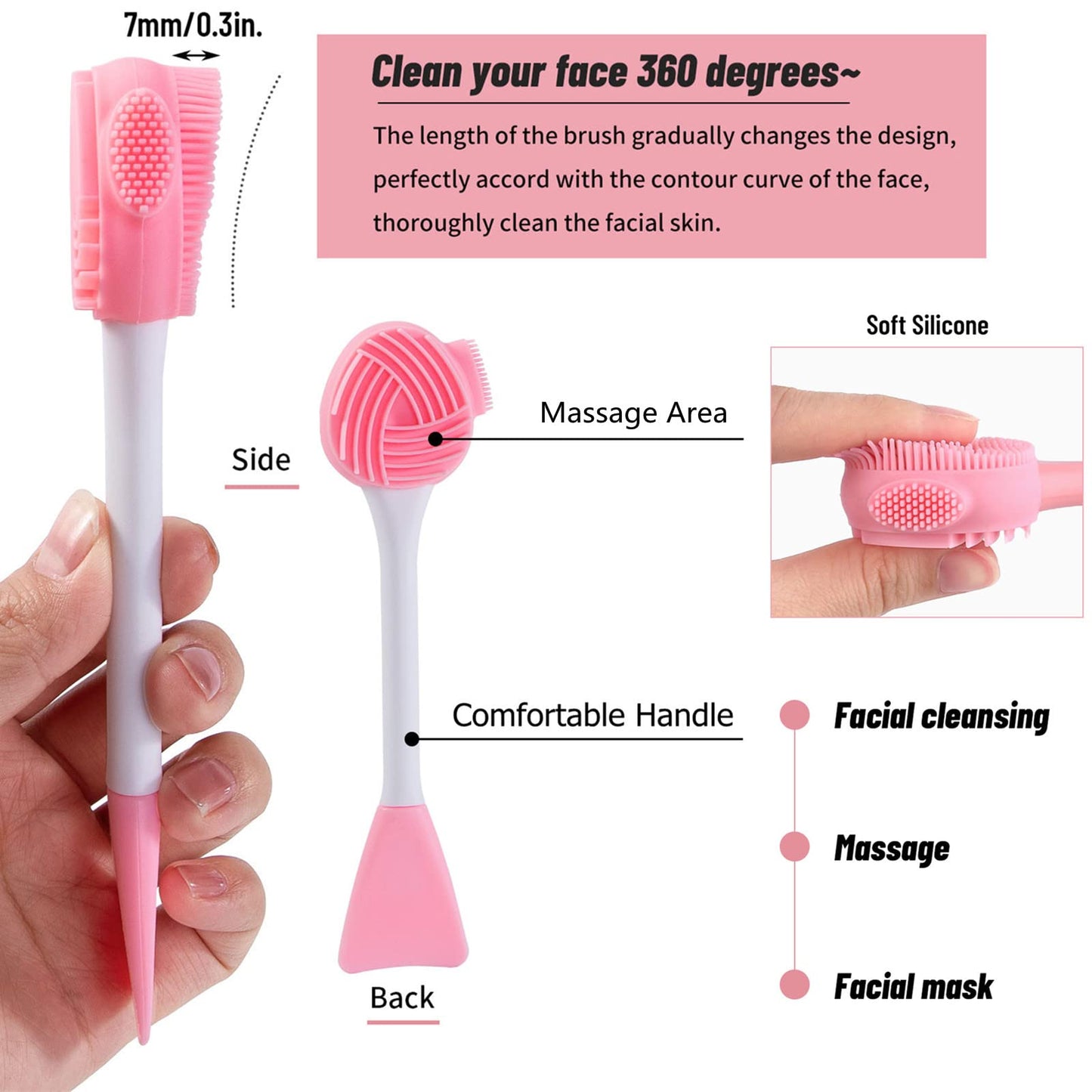 Silicone Facial Cleansing Brush 3 Pack, Beomeen 4 in 1 Handheld Face Scrubber for Deep Gentle Exfoliating, Double-Ended Face Wash Scrub Brush for Face Skincare and Massage (Green)