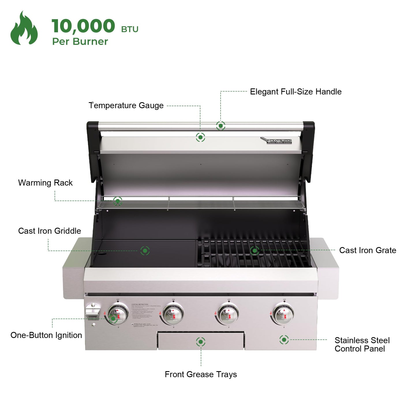 Brand-Man Gas Grill Built-In Head, 30-Inch 4-Burner Propane Grill, Natural Gas Convertible, Heavy Duty 304 Stainless Steel 40,000BTUs BBQ Island Outdoor Kitchen