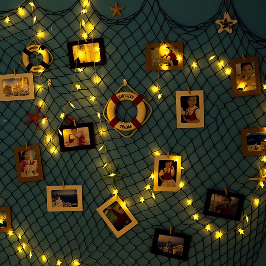 Nautical Fish Net Photo Hanging Display Frames with Sea Shells and Clips for Ocean Theme Party Decorations