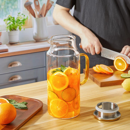 CMLKLZD 2 Pack 2 Liter 68 oz Glass Pitcher with Lid and Handle, Gold Glass Carafe for Fridge, Water Pitcher for Hot/Cold Water, Large Jug for Iced Tea, Coffee, Juice and Homemade Beverage