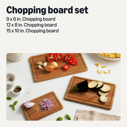 Amazon Basics Wooden Chopping Boards, 3-Piece Set, Acacia Wood, Pre-Oiled with Juice Groove