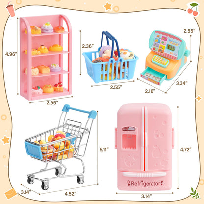 165Pcs Mini Shopping Cart Basket Miniature Food Drink Toy Supermarket Metal Handcart Shelves Cash Register Fridge Food Scale Trolley Dollhouse Store Grocery Accessories Kitchen Play Game Party Model