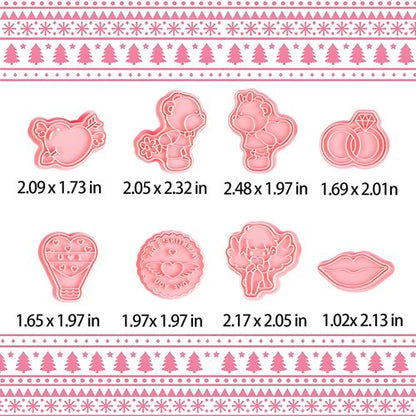 BESEK Valentine's Day Cookie Cutters: With Plunger Stamps Set, 8pcs 3D Embossing Cutters For Biscuit Fondant Cheese Baking Molds