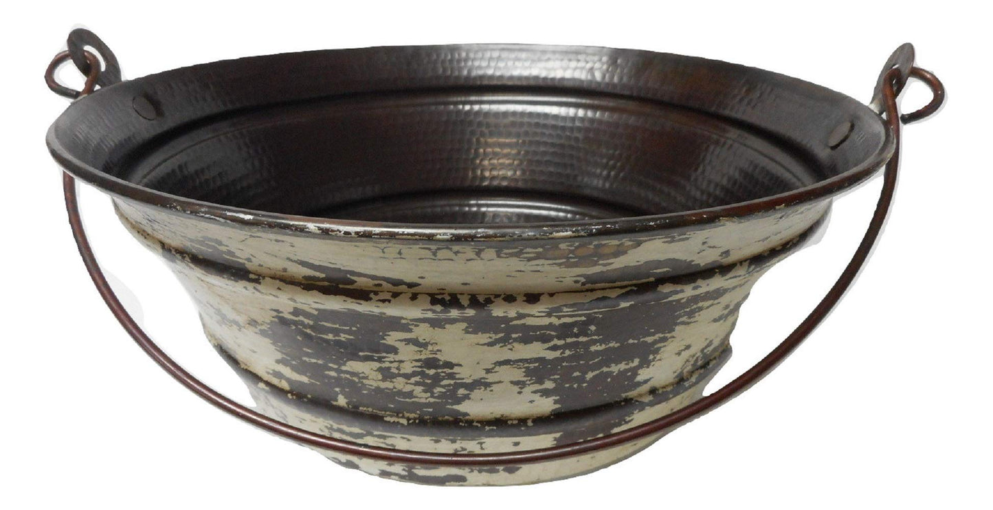 Simply Copper 15" Round Copper Vessel BUCKET Sink in Distressed Antique White Exterior with 13" Pump Faucet and Daisy Drain
