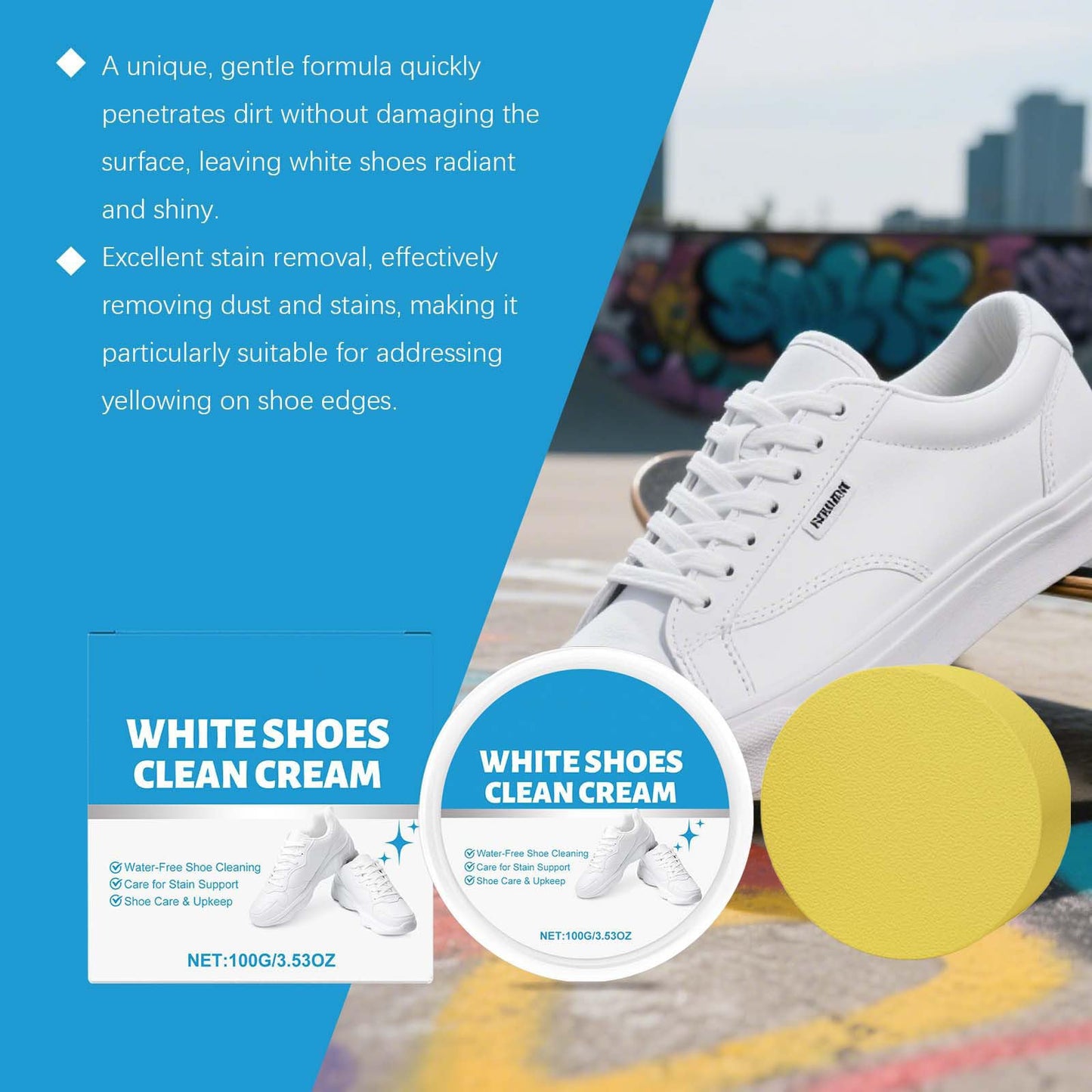 UUZO White Shoe Cleaner Cream, No-Wash Solid Cleaning Paste with Sponge, Multipurpose WhiteShoe Cleaner Paste, Removes Stains and Dirt, for Leather, Silicon, Car Interiors, 2 Pack