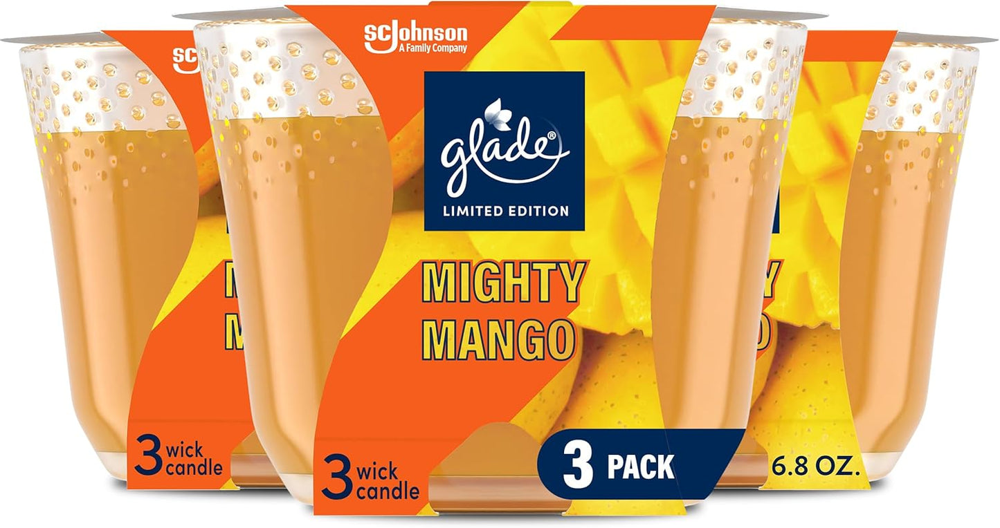 Glade Candle Mighty Mango - Fragrance Candle with Essential Oils, 3-Wick Air Freshener Candle, 6.8 Oz, 3 Count