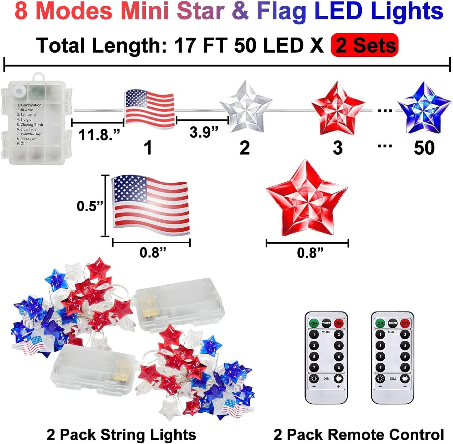 2 100 4th 34Ft 8 PASUTO Pcs LED of July Decorations American Flag & Star Fairy Lights Battery Operated, Mini Red White