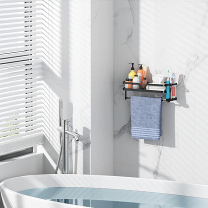 Taozun 4 Paper Towel Holder with Shelf & Side Straw Basket, Black Kitchen Paper Holder Spice Rack Black Paper Towel