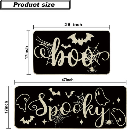Baccessor Halloween Black Kitchen Rugs Set of 2, Spooky Ghost Low-Profile Non Slip Absorbent Kitchen Floor Mats 17x29