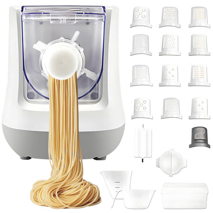 QCQDL Electric Pasta Maker, Automatic Noodle Maker Machine with 13 Types of Noodles Molds, for Homemade Spaghetti, Fettucine, Penne, Dumpling, 650G Large Capacity, Smart Button, with Display Screen