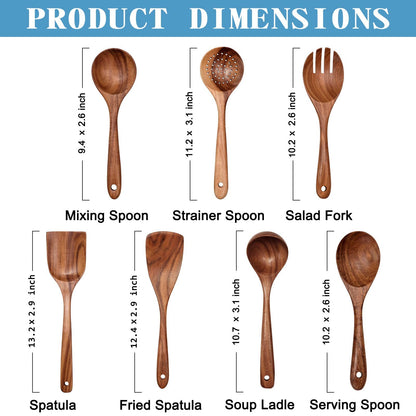 Wooden Non-Stick Kitchen Pan Toolset 7 Pieces Set, Natural Kitchen Utensils Spatula, Wooden Cooking Utensils Spoons, Fried Spatula and Salad Fork