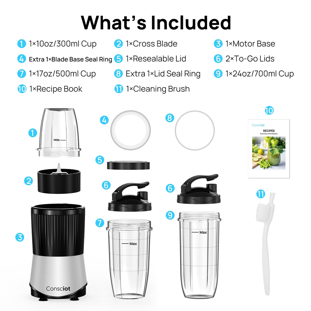 Consciot CB08 11-Piece Blender for Kitchen and Personal Size, Blend Shakes and Smoothies, Frozen Drinks, Baby Food, Spreads & More, 3 Portable To-Go Cups & 2 Spout Lids & 1 Solid Lid, 900 Peak Watts