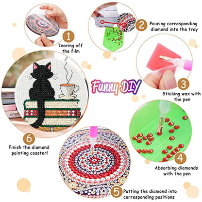 Zythron 8 Pcs Bookshelf Diamond Art Coasters Books Diamond Painting Coasters Kits DIY 5D with Holder with Holder Cork Pads DIY for Beginners, Adults, Diamond Art Kits Crafts Supplies 4x4 in