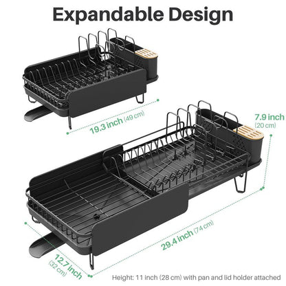 SNTD Large Dish Drying Rack - Expandable (19.3" to 29.4") Dish Rack for Kitchen Counter, Stainless Steel Dish Drainer with Utensil Holder, Pan Holder & Pot Lid Holder (Black)