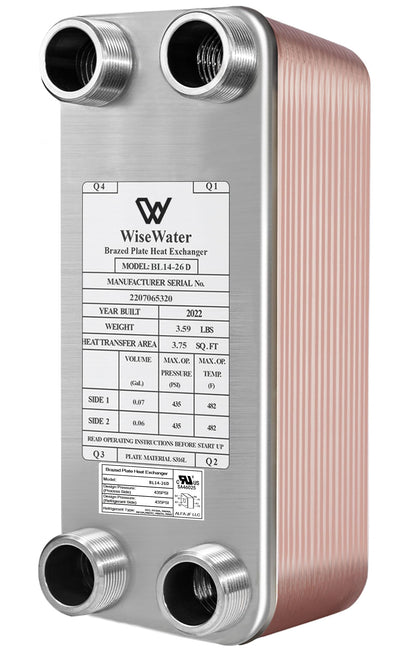 Brazed Plate Heat Exchanger Stainless Steel SS316L 3"x8" 26 Plates 3/4" MPT 210,000 BTU/hr Hydronic Heating