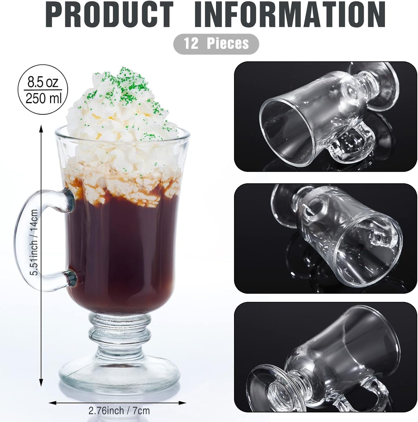 12 8.5 oz Sieral Pieces Irish Coffee Mugs Bulk Irish Coffee Glass with Handle Clear Glass Mugs for Wedding Prom