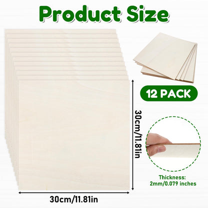 Yuanan 12 PCS Basswood Sheets, 12×12 Inch 2 mm Plywood Sheets Unfinished Wood for Laser Cutting Thick Linden Square, Engraving, DIY Handicrafts, Painting and Carving