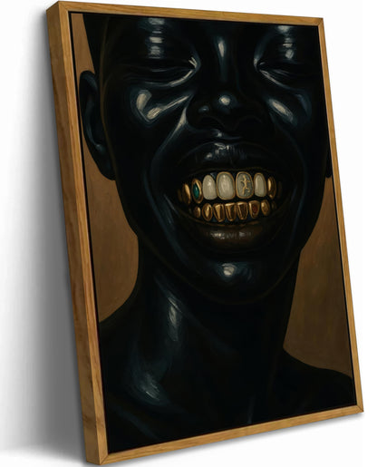 Floating Framed Abstract Black Men Canvas Wall Art, African American Gold Teeth Painting Picture Wall Decor, Urban Street Hip Hop Poster Print Artwork for Bedroom, Apartment, Home Decoration 8x10in