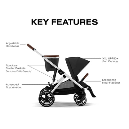 Cybex Gazelle S All-in-One Toddler and Baby Stroller with Over 20 Modular Configurations, Ergonomic Near-Flat Recline, Shopper Basket, and Compact Fold, Moon Black, Silver Frame