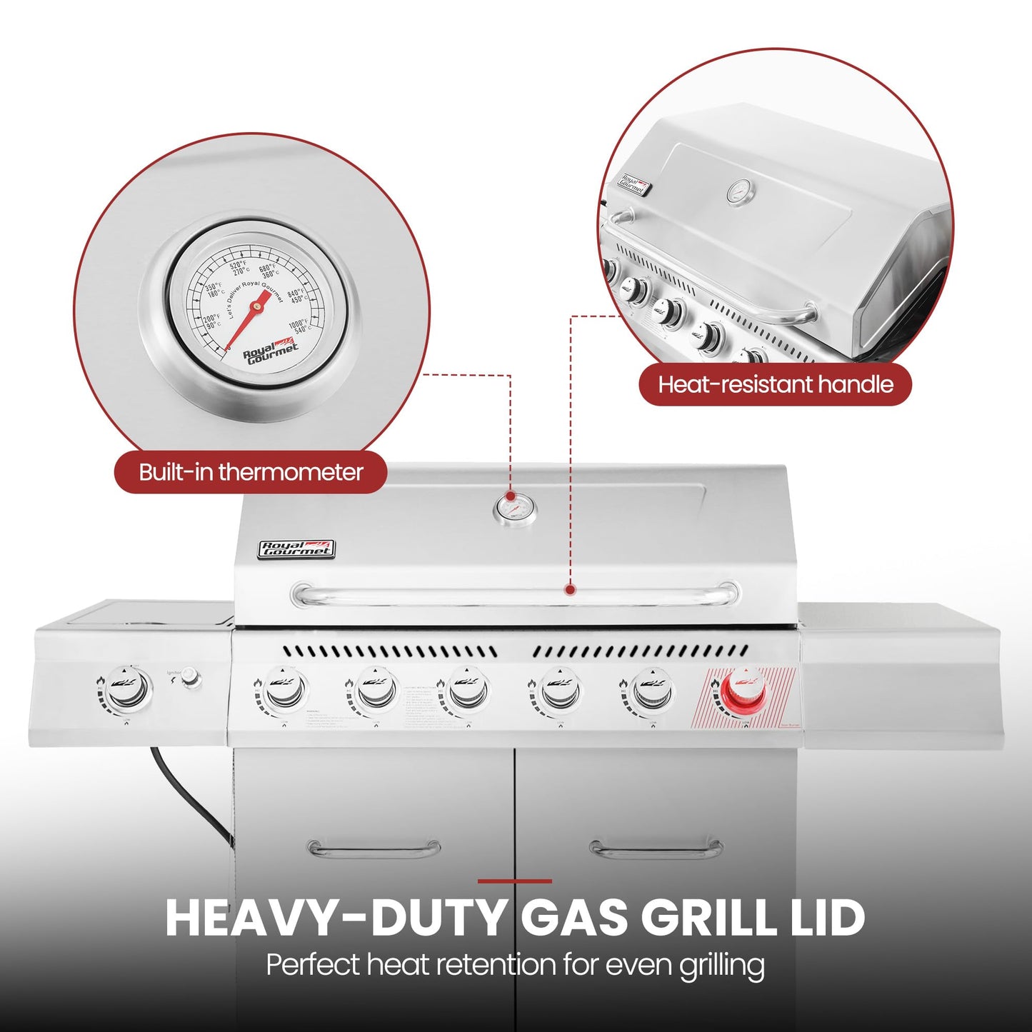 Royal Gourmet GA6402S 6-Burner Propane Gas Grill with Side Burner and Warming Rack, 74,000 BTUs, Cabinet Style Outdoor BBQ Grill for Barbecue Grilling & Backyard Cooking, Silver