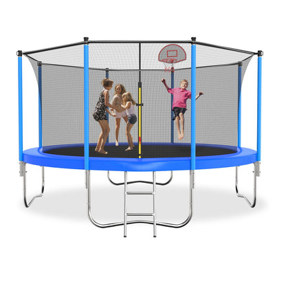 Tatub 12FT Trampoline for Kids and Adults, Outdoor Recreational Trampolines with Basketball Hoop & Enclosure Net, Blue