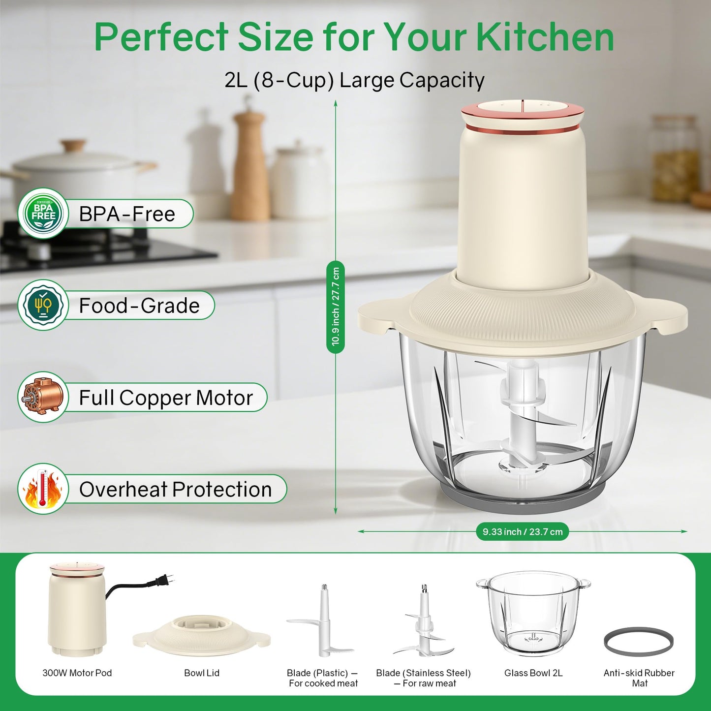 Food Processors 300W Electric Chicken Shredder Meat Grinder with Dual Blades and Full Copper Motor, 2L Food Chopper for Meat/Cooked Chicken Breast/Fish/Vegetable/Baby Food/Pet Food(Large)