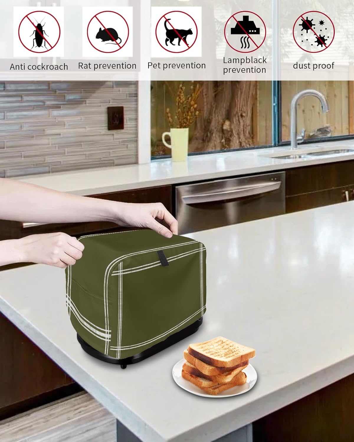 Toaster Cover, Solid Color Dark Olive Green 2 Slice, Soft Washable Dust-proof Cover with Pockets for Small Appliance