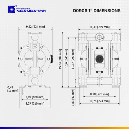 COSMOSTAR D0906 1" Double Air Diaphragm Pump - Aluminum Body, Teflon Ball, Seat and Diaphragm With Muffler - Chemical, Waste Oil, Pneumatic Oil Pump
