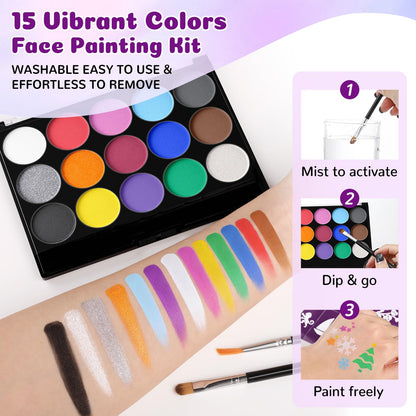 Face Painting Kit for Kids, 15 Colors Water-Based Face Paint Palette with Stencils | Safe Skin-Friendly Body Paint for Halloween Makeup, Birthday, Sport & School Events