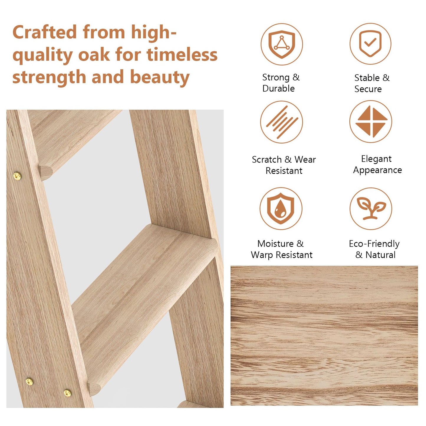 LKCBITION 95inch Oak Wood Ladder with 4ft Black Telescopic Roller Hardware on Sliding Library Ladder, Bottom Wheel with Brakes(Installation Height 89-3/4")